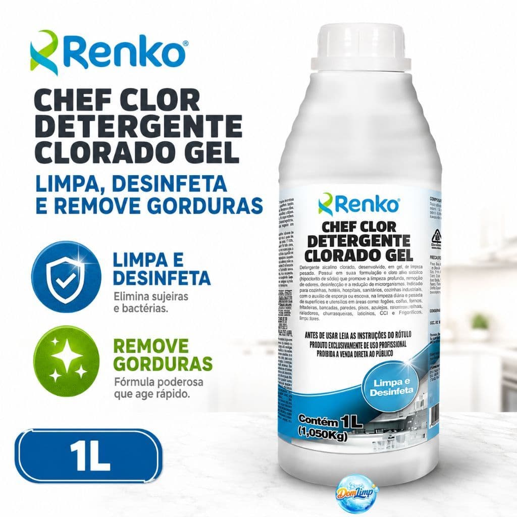 Detergente Gel Chef Clor Renko 1L Limpa Desinfeta e Remove Gorduras