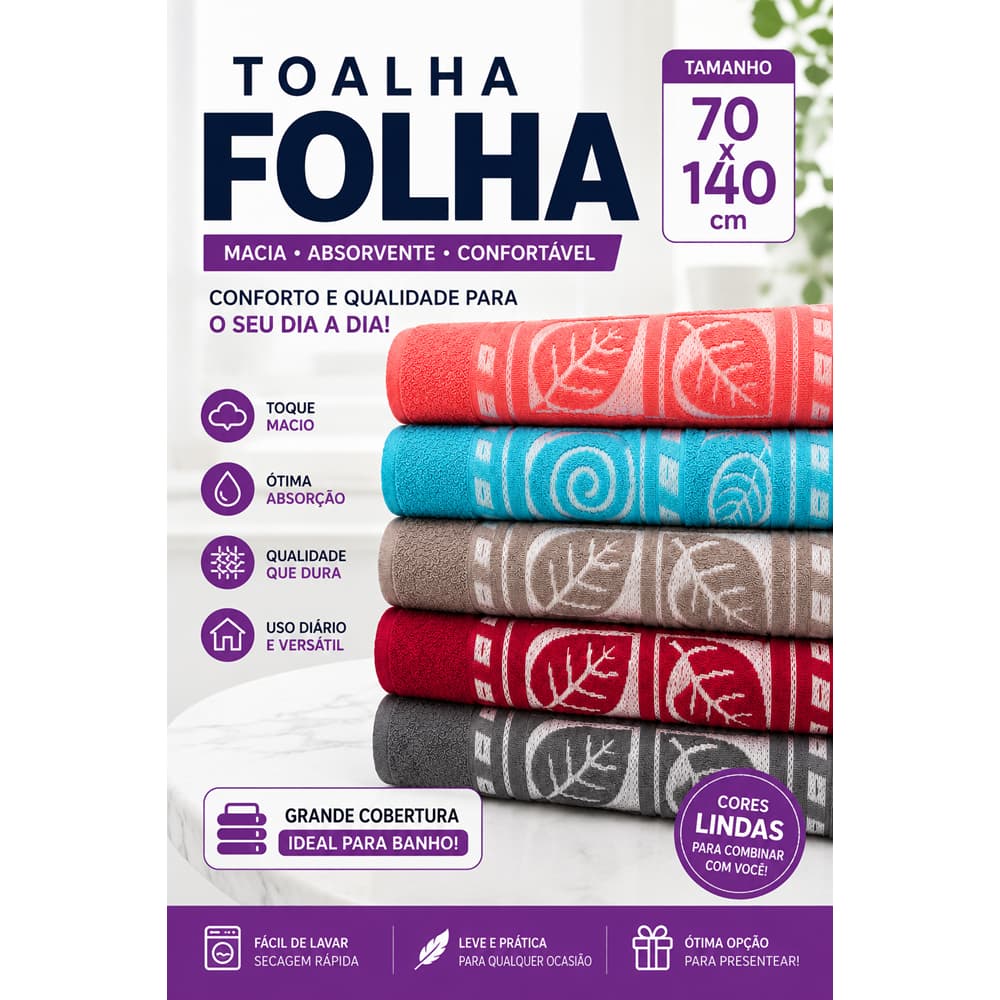 Toalha de Banho Folha 70x140cm Macia e Absorvente Estampada Toalha Grande para Casa