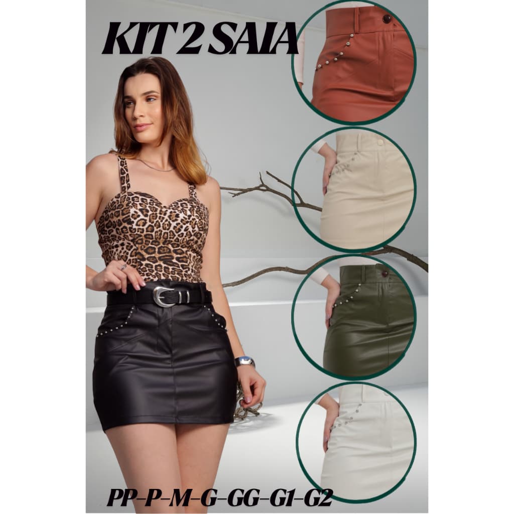 Kit 2 Saia Feminino Cintura Alta em Couro Ecológico com Ziper e Strass no Bolso