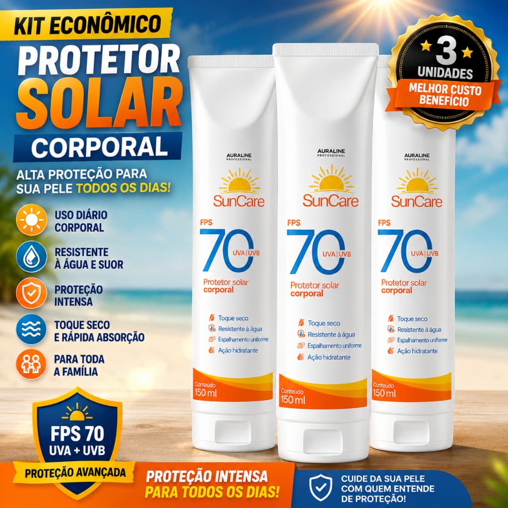 Kit 3 Protetores Solares Corporais SunCare FPS 70 150ml – Alta Proteção UVA e UVB Toque Seco