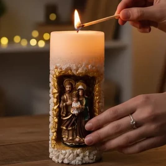 Vela Gruta Sagrada Família Artesanal • Cera Ecomix - Pedras Naturais - Decoração Religiosa  Presente