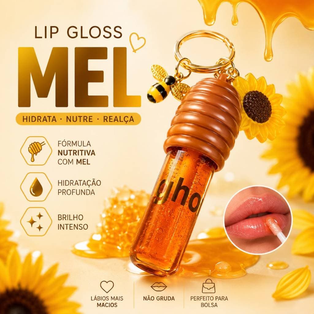 Lip Gloss de Mel Efeito Molhado com Chaveiro Abelha e Girassol Brilho Labial