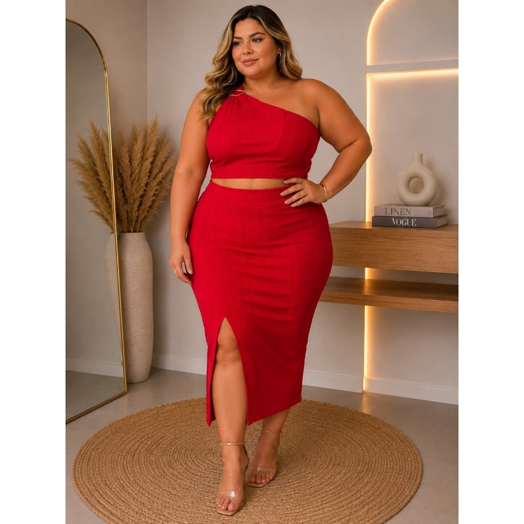 Conjunto Feminino Plus Size Cropped Um Ombro e Saia Midi com Fenda Malha Rugão