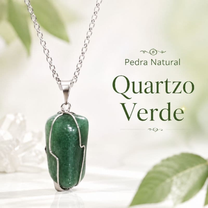 Colar de Quartzo Verde Pedra Polida Pedras Naturais Trabalhada Corrente de Aço Inox