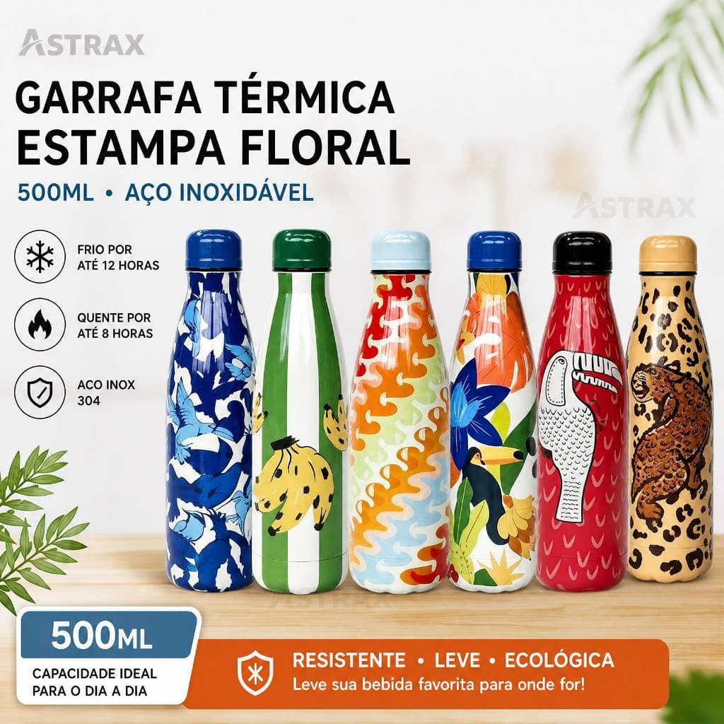 Garrafa Térmica Inox 600ml Estampada Floral Colorida para Bebidas Quentes e Frias
