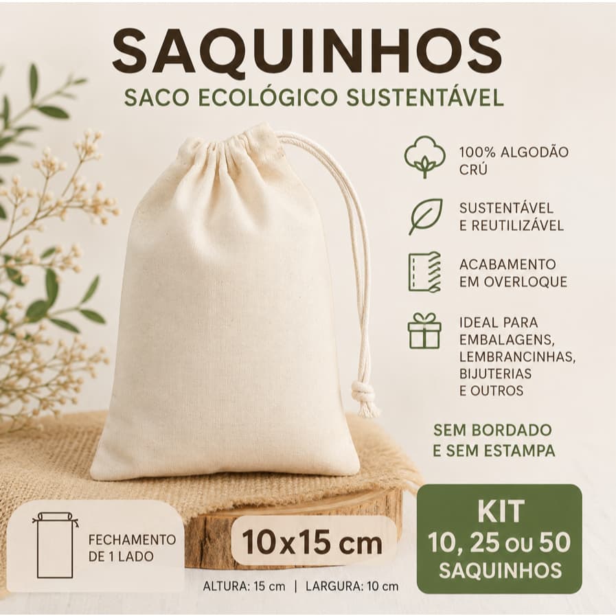 Kit Saquinho de Algodão Crú 10x15cm Saco Ecológico Sustentável