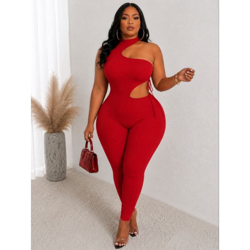 Macacão Feminino Plus Size Anarruga com Bojo Recorte Lateral Decote Assimétrico Moda Feminina