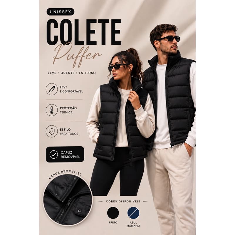 Colete Unissex Gominho Puffer Capuz Inverno Elegante