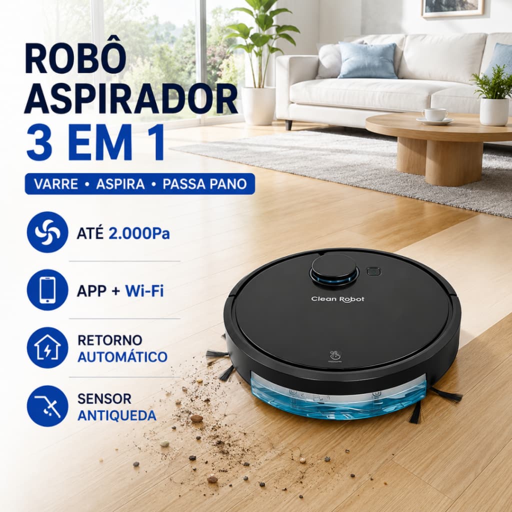 Aspirador de pó robô mop antiqueda 2000Pa cor preto com APP Wi-Fi, Retorno Automático e Sensor Antiqueda