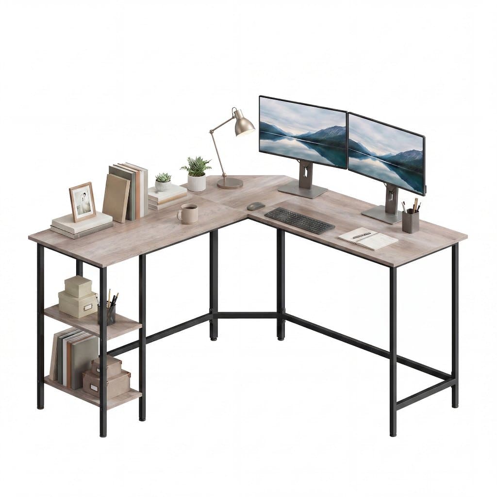 SONGMICS Mesa de Canto com Prateleiras, Mesa de Computador em L, 140 x 140 cm, para Escritório, Montagem Fácil, Greige