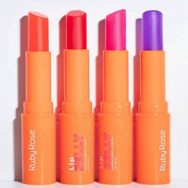4x Lip Jelly Ruby Rose -Hidratante labial Lip Oil Sólido- Fundo de cor claro Rosa, Laranja , roxo e Vermelho