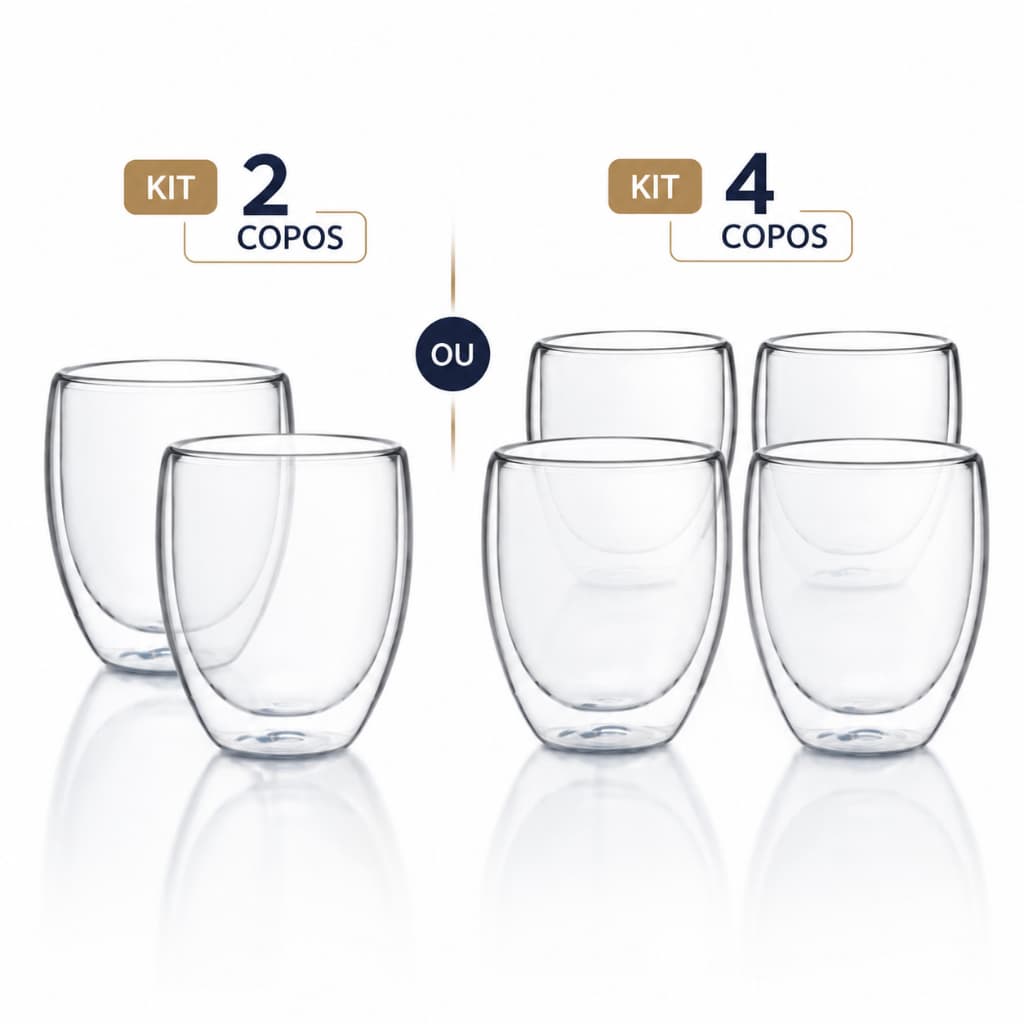 Kit 2 ou 4 Copos Parede Dupla 250ml Vidro Borossilicato Térmico Café Chá Cappuccino Suco Drinks