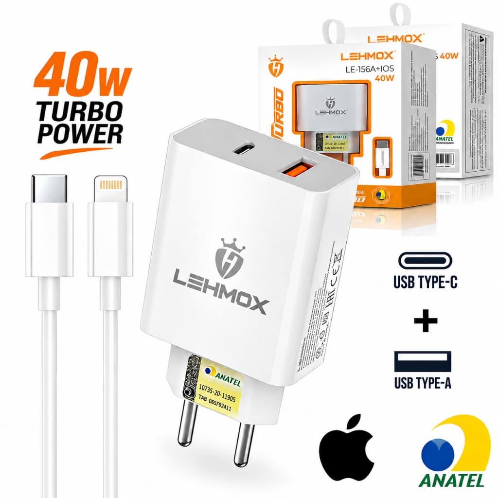 Carregador Turbo iPhone 40W Duplo USB C e USB A + Cabo Lightning Fonte Carga Rápida Dupla Tomada 2 Entradas