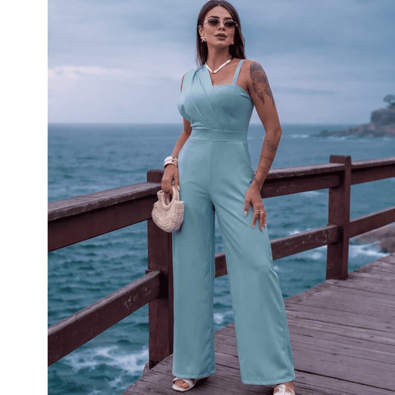 Macacão Feminino Pantalona Elegante Ombro Único Social  con alsa