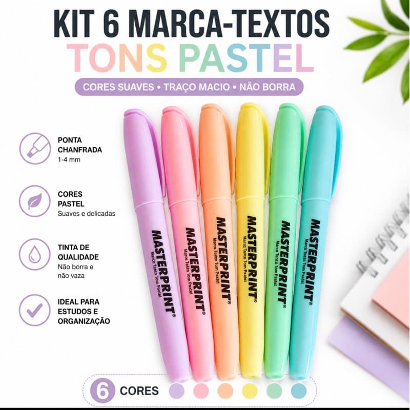 Kit Marca Texto Pastel 6 Cores | Caneta Marca Texto Masterprint para Estudo e Papelaria