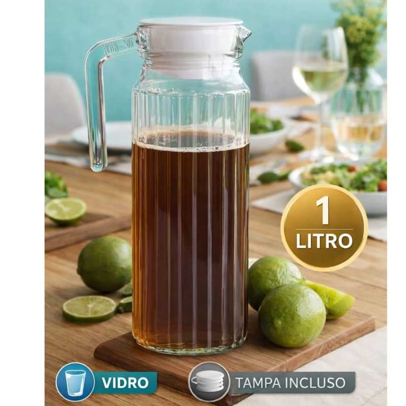 Jarra de Suco Vidro 1L com Alça e Tampa para água, Suco e Bebidas na Cozinha, mesa posta