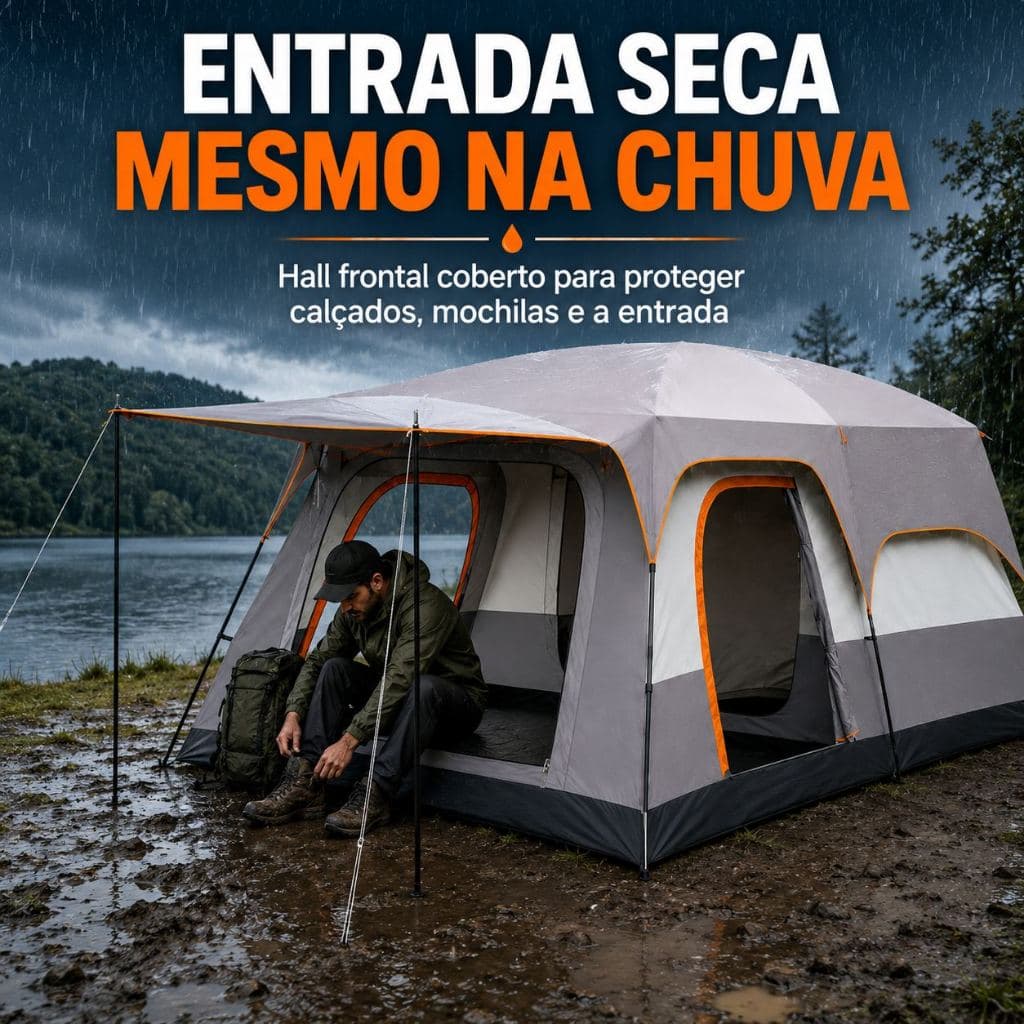 Barraca Familiar Grande 8–12 Pessoas com 2 Quartos, Sala, Cobertura Frontal e Proteção Contra Chuva e Vento