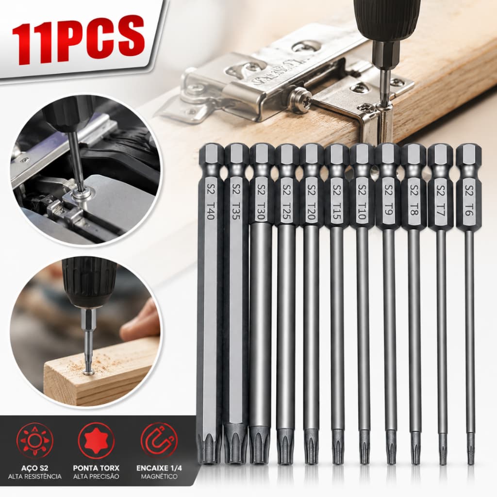 Kit 11 Chaves Torx Bits S2 Hexagonal Compatíveis Parafusadeiras Furadeira Ferramenta Broca T6 - T40