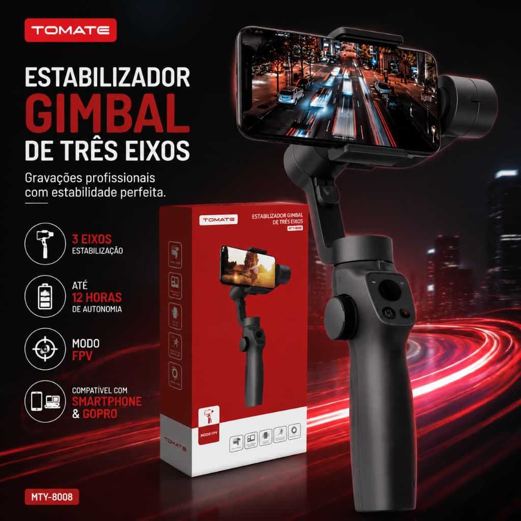 Gimbal 3 Eixos para Smartphone – 12 Horas de Autonomia, Perfeito para Vídeos e Filmagens