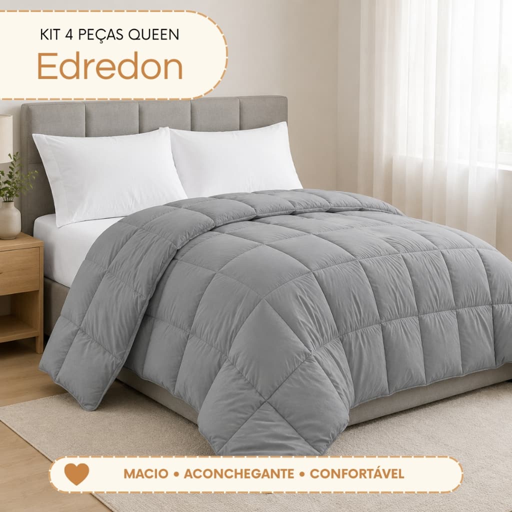 Kit Edredom Queen 4 Peças com Lençol Elástico 2 Fronhas Ponto Palito Percal 200 Fios Toque Macio e Suave