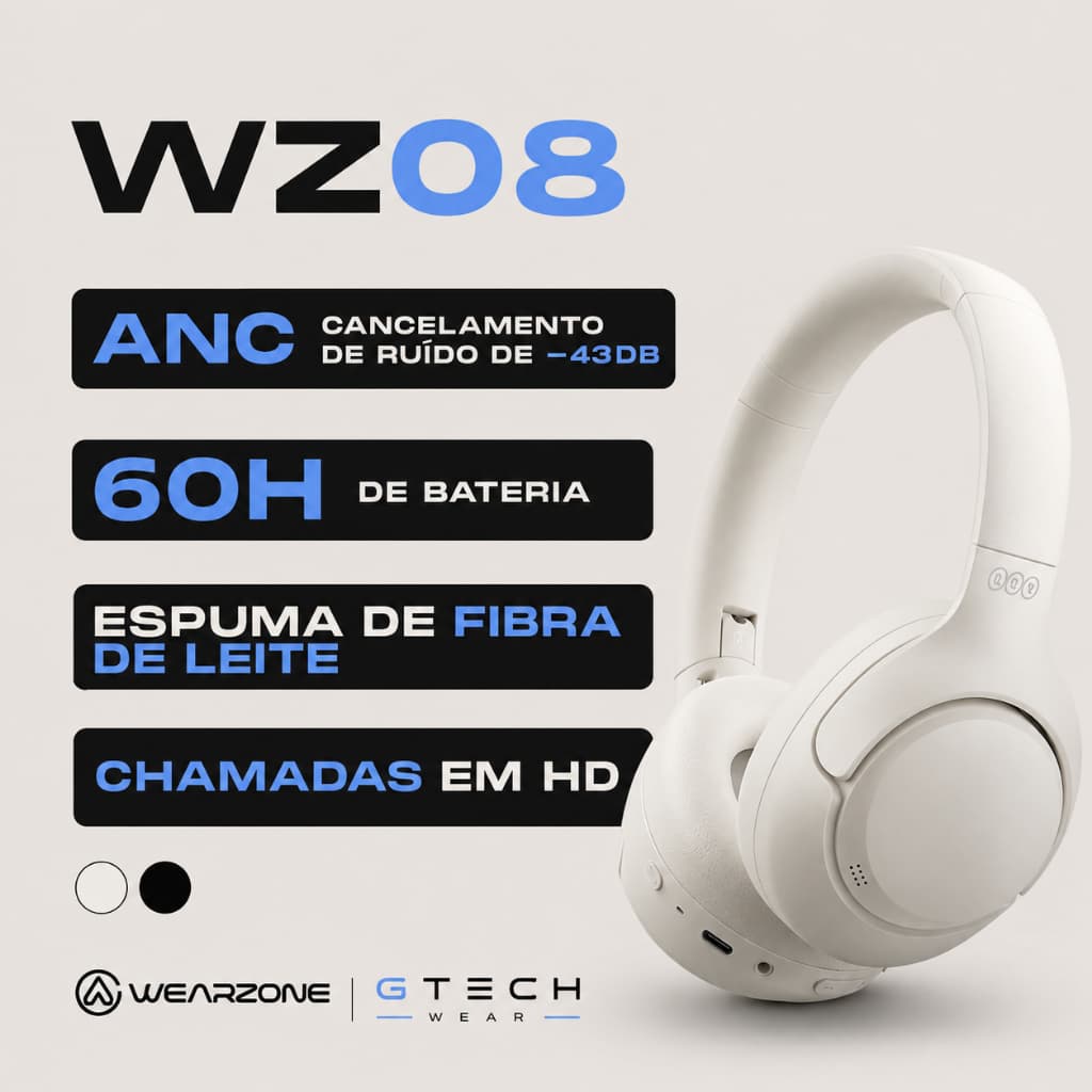 HEADSET WZ08 | CANCELAMENTO DE RUÍDO PROFUNDO| ATÉ 60 HORAS DE BATERIA| CHAMADAS EM HD