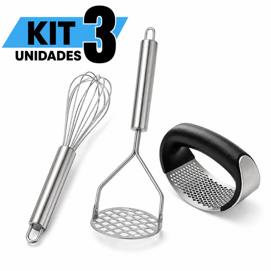 Kit Utensílios De Cozinha Aço Inox Amassador de Batata Espremedor de Alho e Fouet