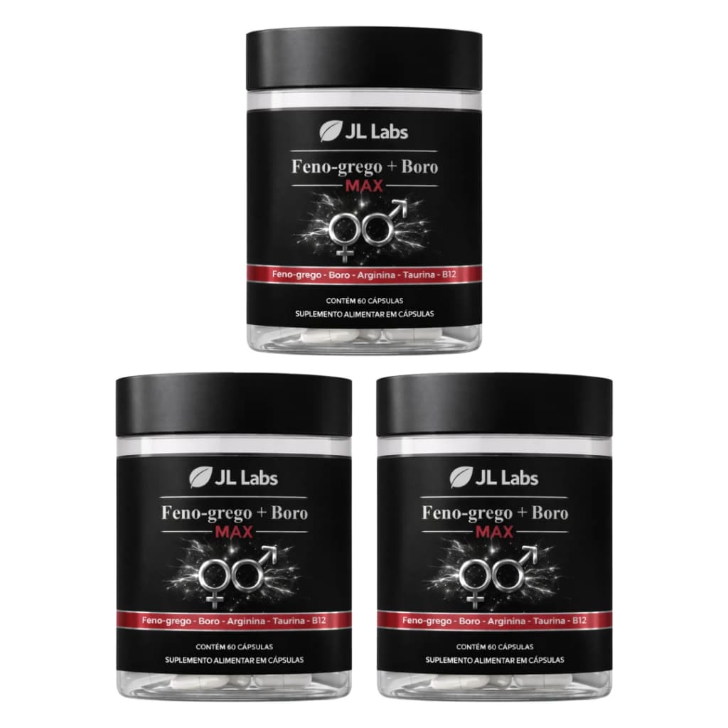 Kit 3x Feno Grego + Boro Max Arginina Taurina B12 - 60 Cápsulas Vitalidade Premium