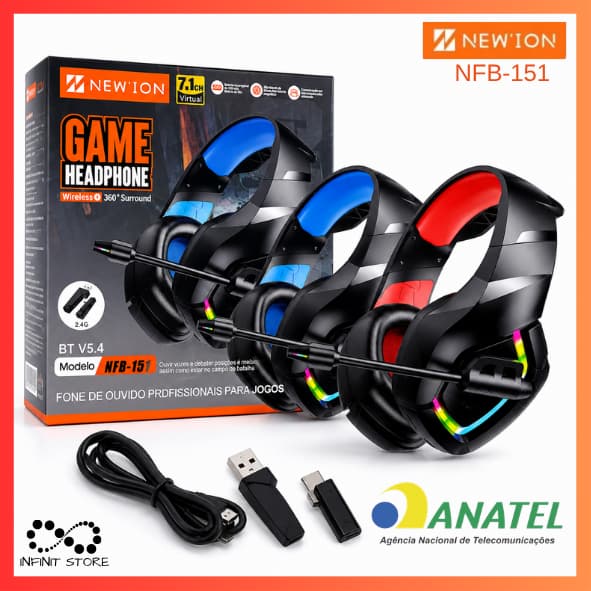 Fone De Ouvido Headset Gamer Bluetooth 5.4 RGB Sem Fio Wireless Com Microfone Adaptador USB Para PC NFB-151