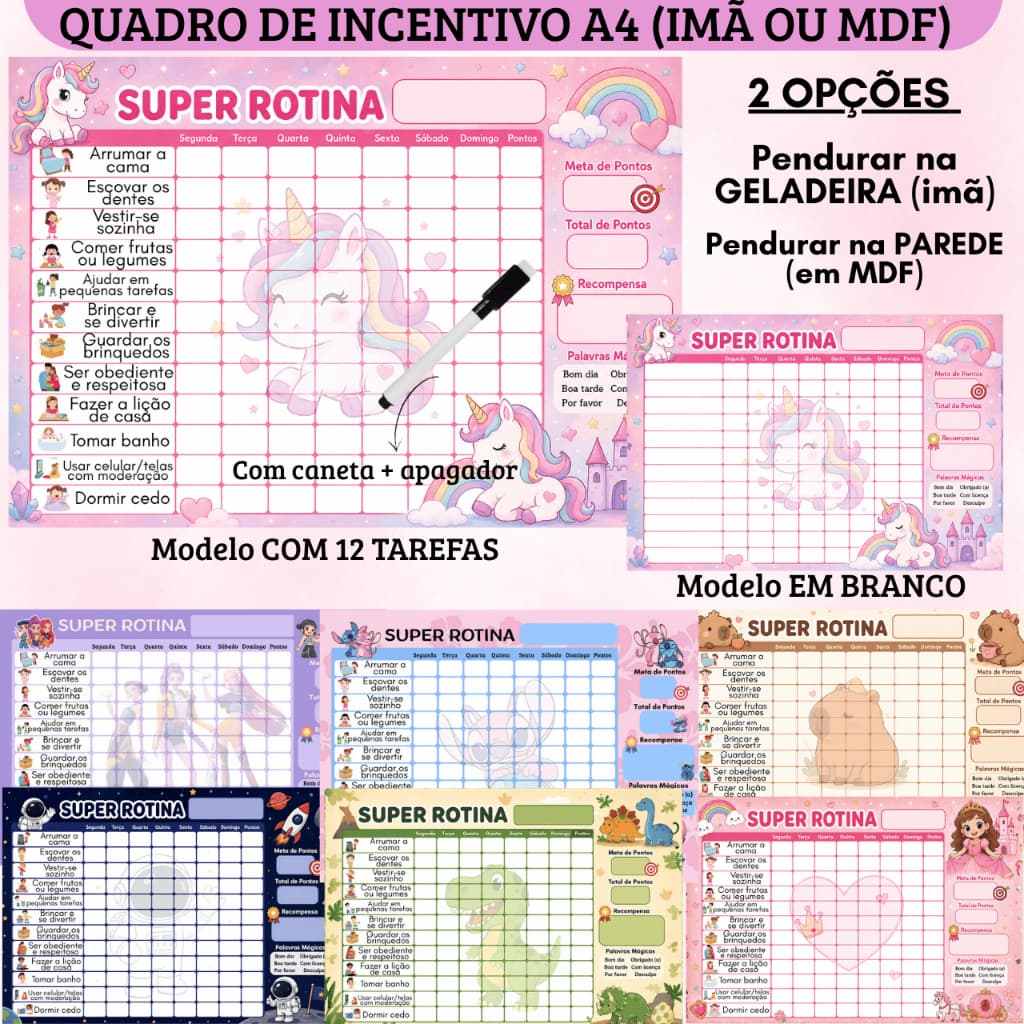 Quadro de Incentivo Rotina + Caneta c/ Apagador - Infantil Magnético Planner Tarefas Guerreira KPOP, Stitch, Princesas