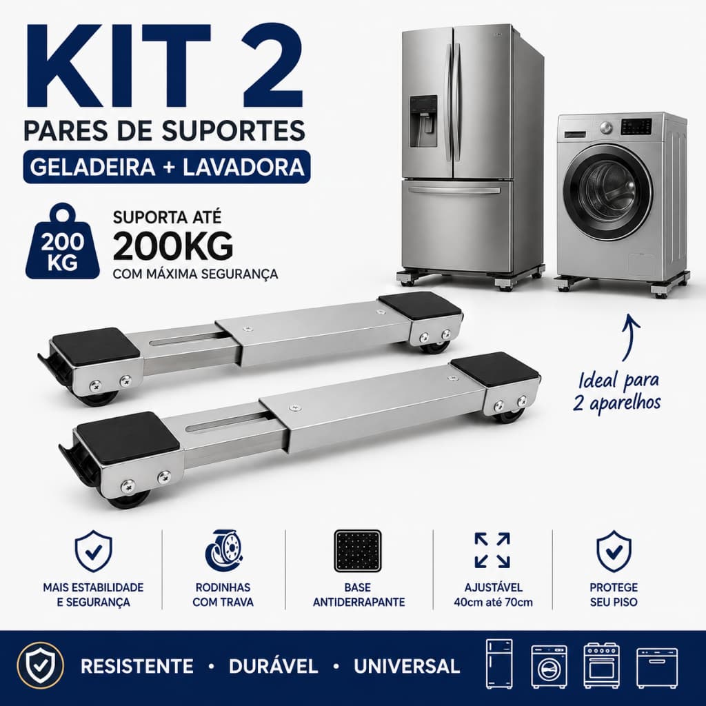 Kit 2 Pares Suporte com Rodinhas para Geladeira Máquina de Lavar Fogão Freezer Base Ajustável até 200kg