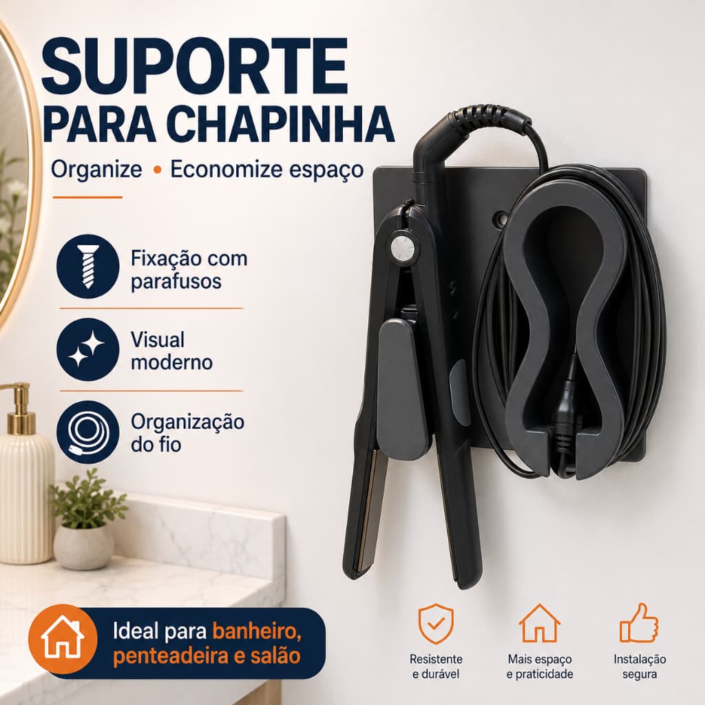 Suporte de Parede para Chapinha Prancha de Cabelo | Organizador Reforçado Banheiro Salão