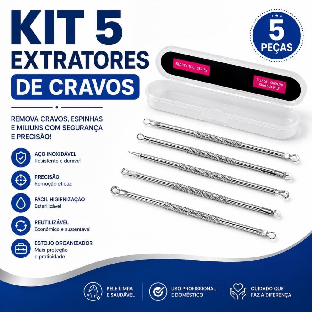 Extratores de Cravos e Espinhas Kit 5 Aço Inox Profissional Removedor de Acne Milium Com Estojo