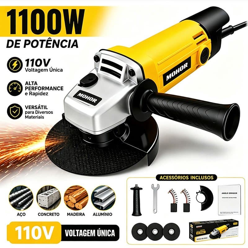 Esmerilhadeira Angular Elétrica 1100W  110V Corte de Ferro e Metal Lixamento Profissional Kit com Discos