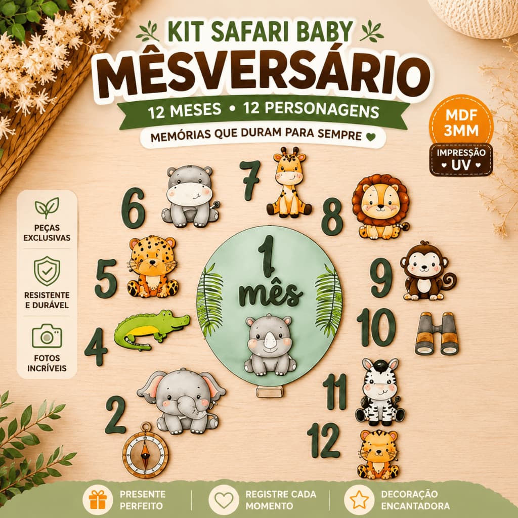Kit Safari Baby Mêsversário MDF 3mm Para Fotos Mensais de Bebê Inclui 12 Meses e 12 Personagens Completo Impresssao UV