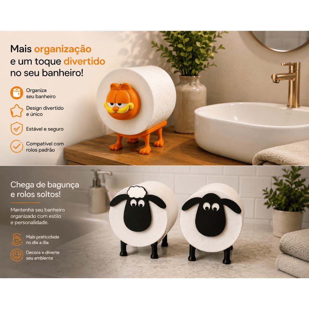 Suporte Porta Papel Higiênico Ovelha | Garfield | Cachorro | Gato Organizador para Banheiro