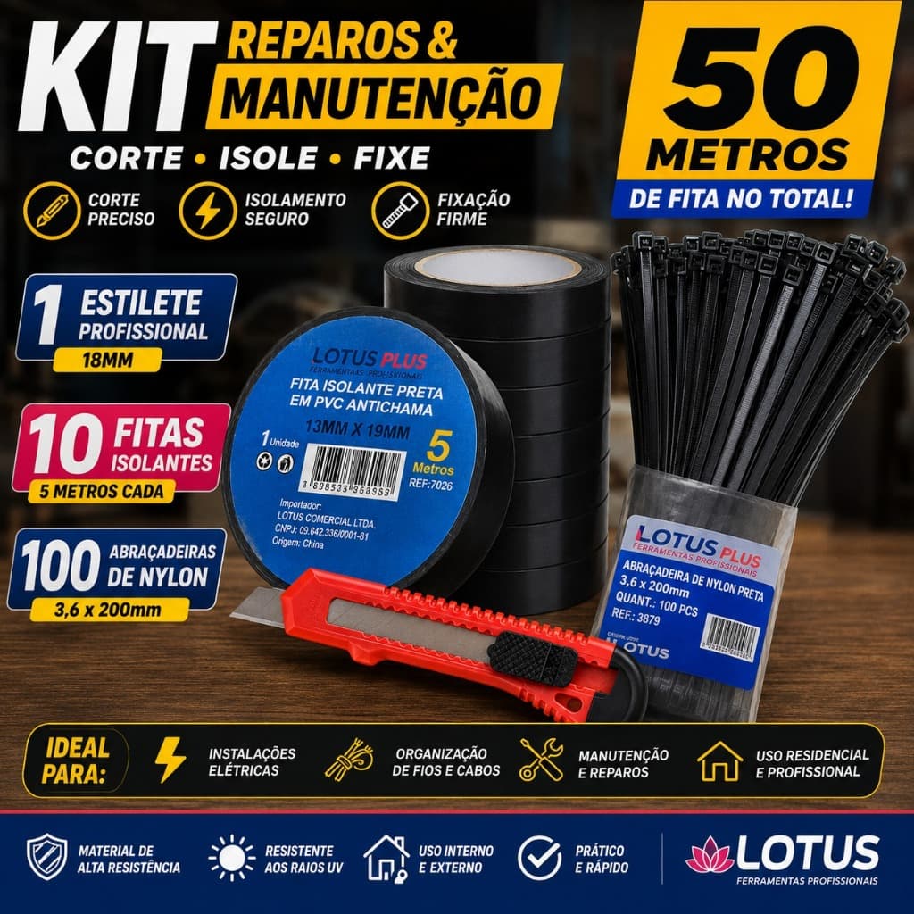 KIT 50 METROS Fita Isolante + 1 Estilete + 100 Abraçadeiras de Nylon | 7026 | 5201 | 3879