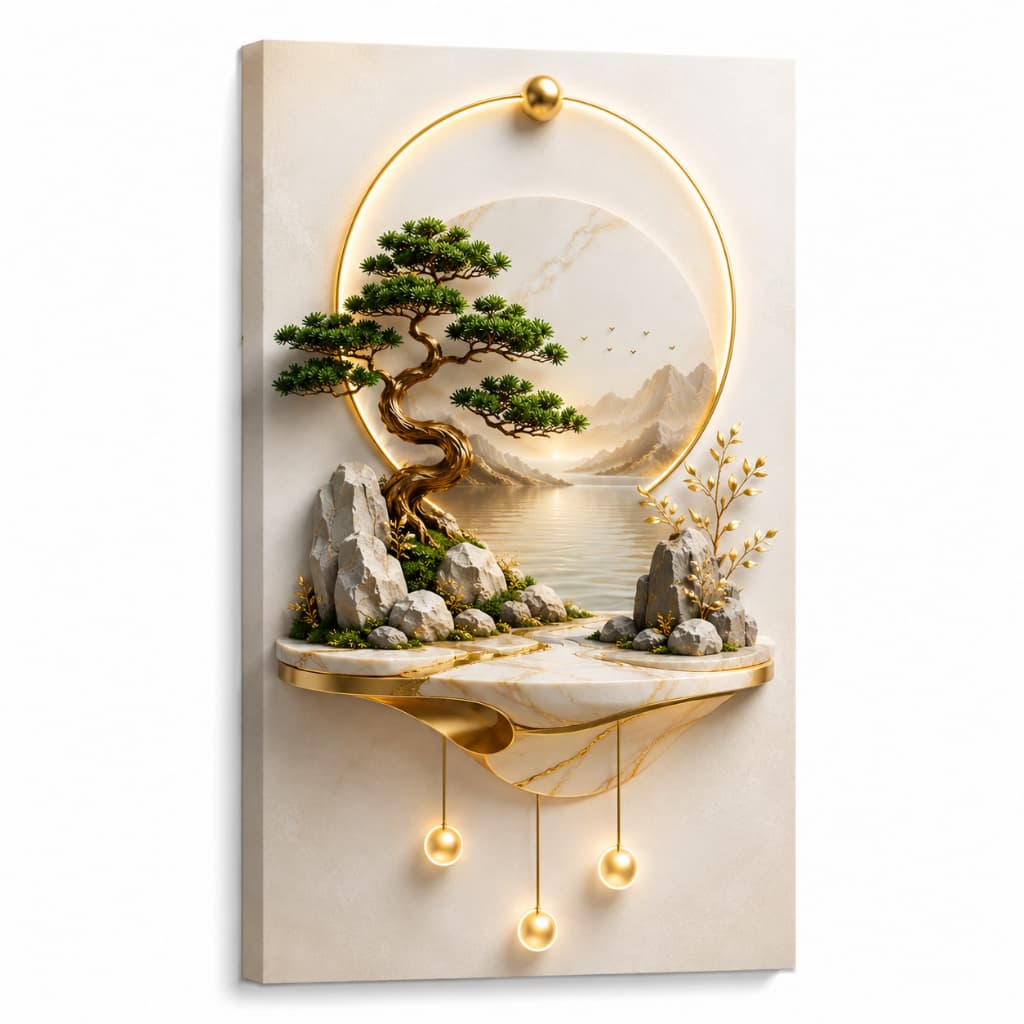 Quadro Decorativo Árvore Dourada Paisagem Oriental Zen Sala Quarto Escritório MDF Premium 20x30 a 90x60
