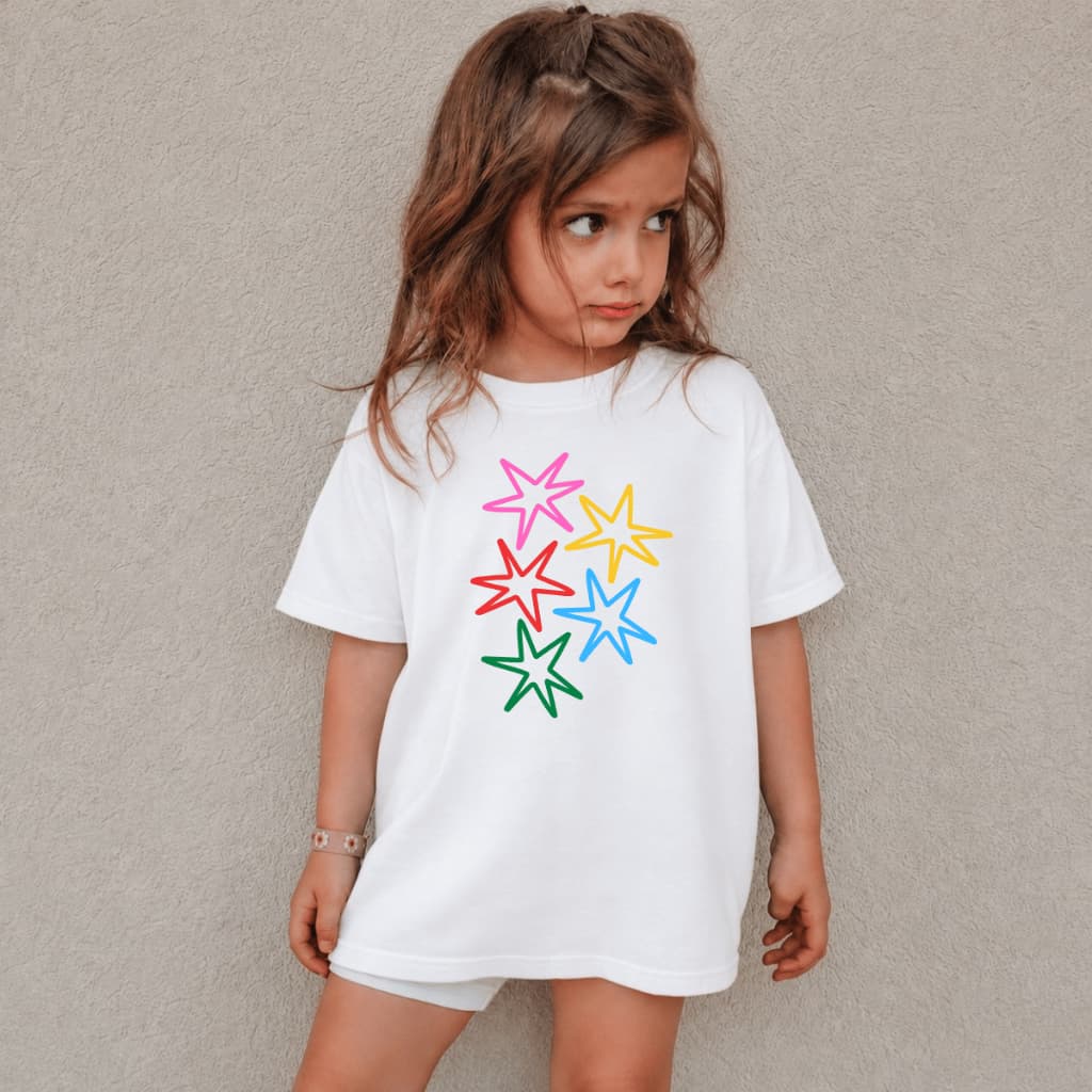 Blusa Para Garotas Infantil 100% Algodão Estampada Desenhos Estrelinhas Multicoloridas Fofa Camiseta Casual Básica