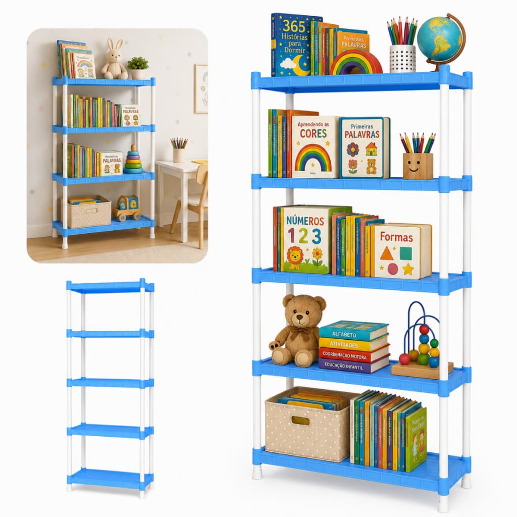 Prateleira Azul Infantil Estante 5 Andares Quarto Criança Colorida Bebê Organizadora Livros