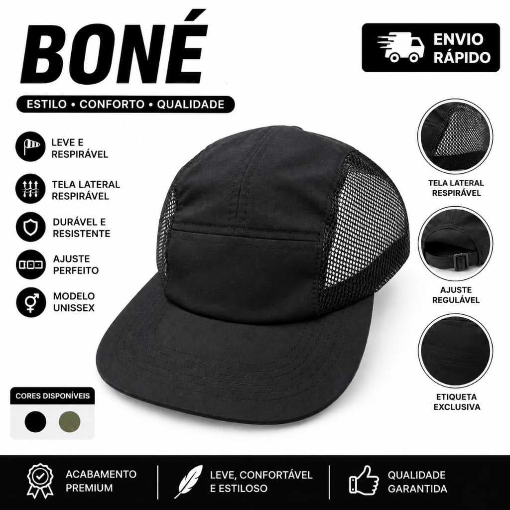 Boné Fitão Premium Aba Reta Lateral Vazada Streetwear Preto
