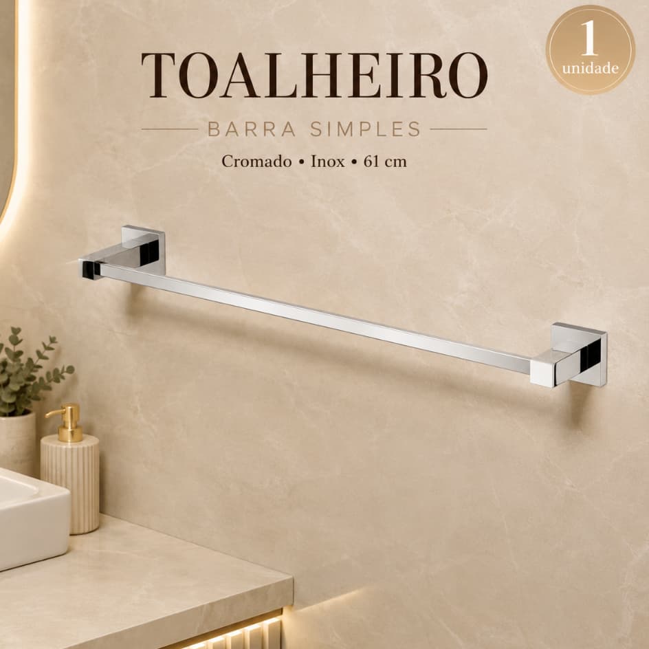 Toalheiro Barra Simples Cromado Quadrado Aço Inox 62cm Banheiro C6924F