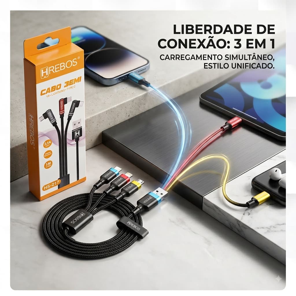 Cabo 3 Em 1 Carregar Celular Universal Type C V8 E Lightning HREBOS