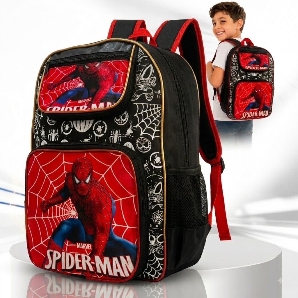 MOCHILA ESCOLAR HOMEM ARANHA COM DOIS BOLSOS FRONTAIS INFANTIL