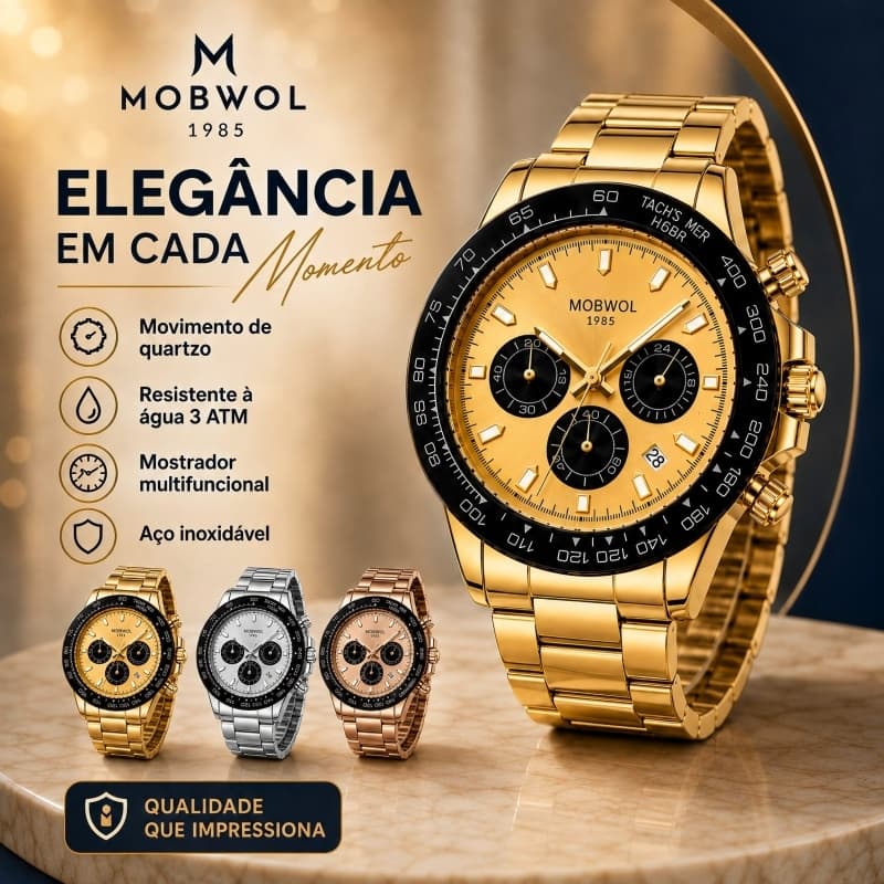 Relógio Masculino MOBWOL Luxo Cronógrafo Quartzo Aço Inoxidável Calendário Esportivo Social Elegante Resistente à Água