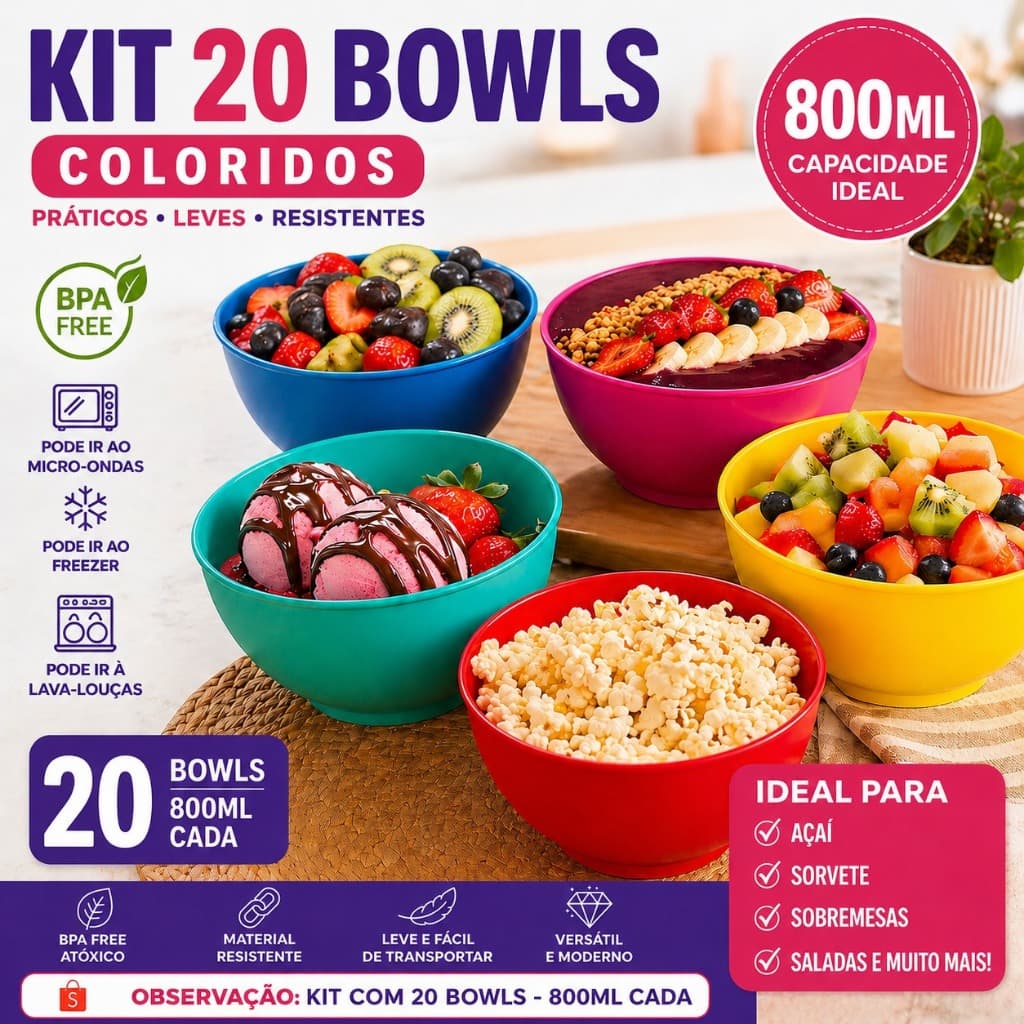 Kit 20 Bowls 800ml Cumbuca Pote Tigela Doce Salgado Plastico Festa Envio Rapido
