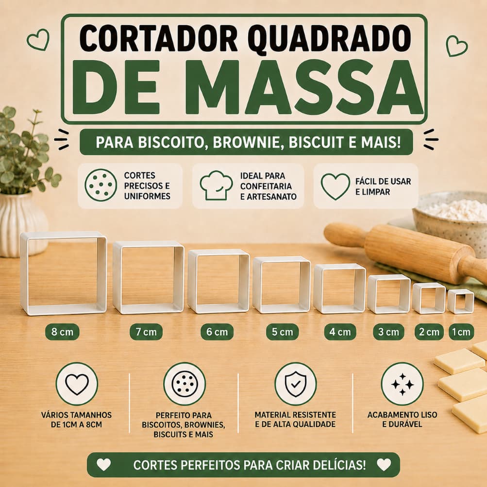 Cortador Quadrado de Massa Biscoito Brownie Biscuit Confeitaria - Vários Tamanhos (1cm a 8cm) PRONTA ENTREGA