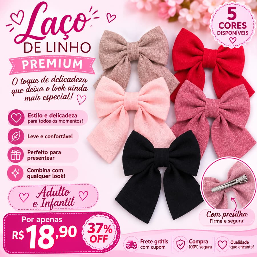 Laço de Linho Premium para Cabelos Adulto e Infantil - Presilha Feminina Grande - Várias Cores