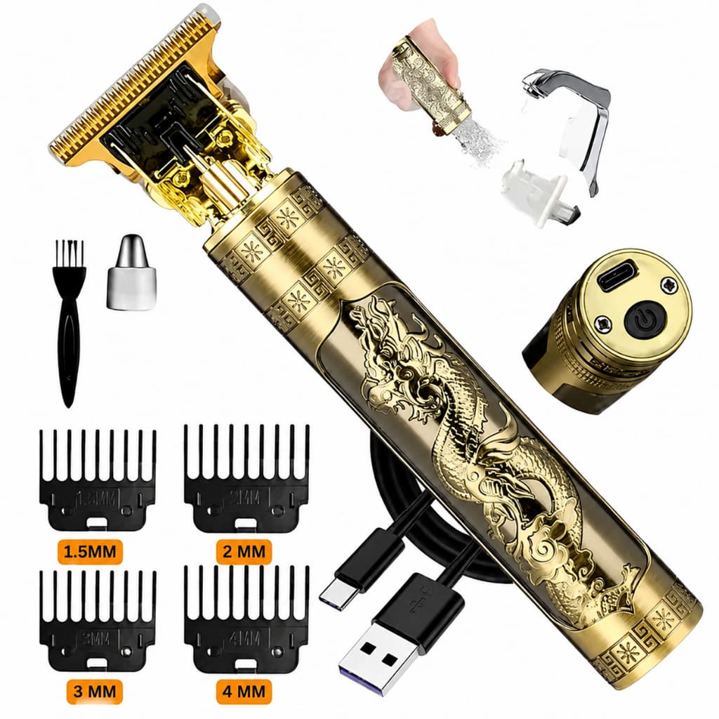 Máquina De Barbear e Cortar Cabelo Sem Fio Barbeador Dragão 4 Pentes Barbeiro Navalha Tipo C Usb Carregamento A fio