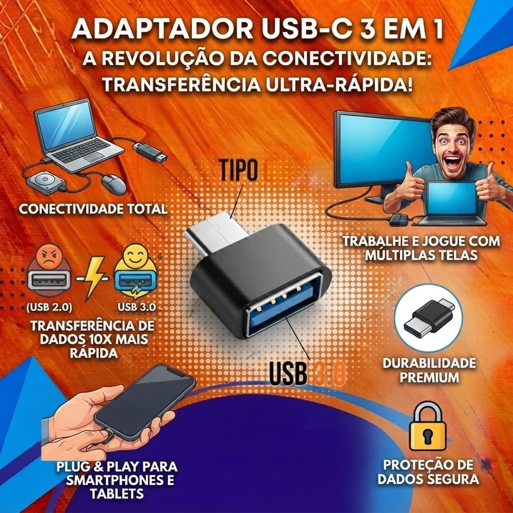 Adaptador Conector Tipo C para USB 3.0 OTG Conversor Macho USB-C Adaptador de Sincronização-de Dados