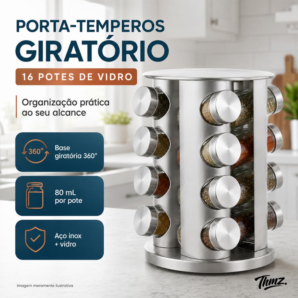 Porta Tempero Condimentos INOX 16 Potes Vidro Base 360° Cozinha Giratório Premium